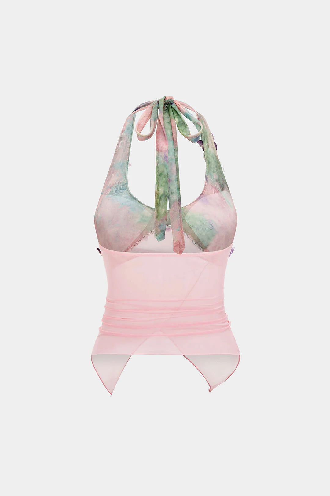 Tie Dye Print Mesh 3D Floral Halter Neck Tie-Up Cami Top - Image 2