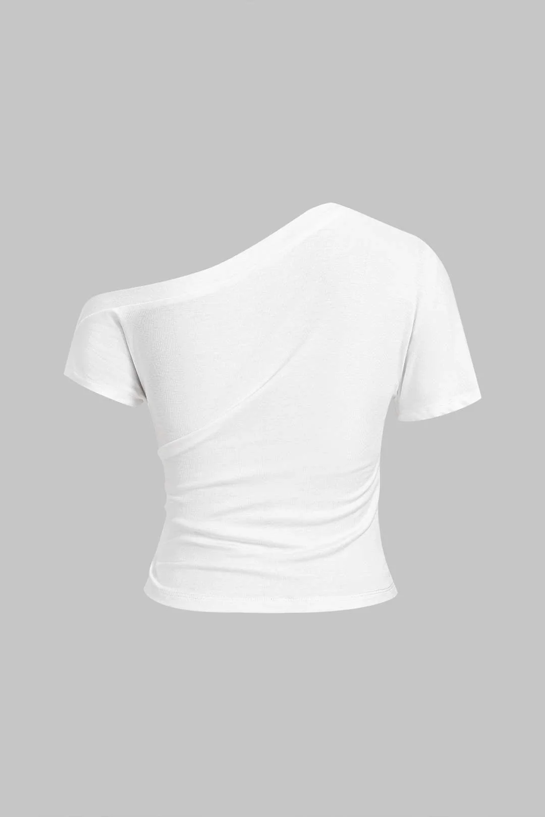 Solid One Shoulder Ruched Asymmetrical Short Sleeve T-shirt - Image 2
