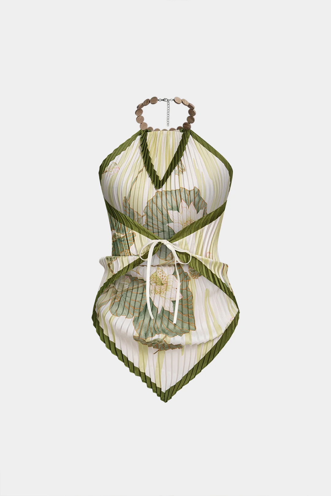 Floral Print Satin Halter Tie Back Pleated Tank Top - Image 2