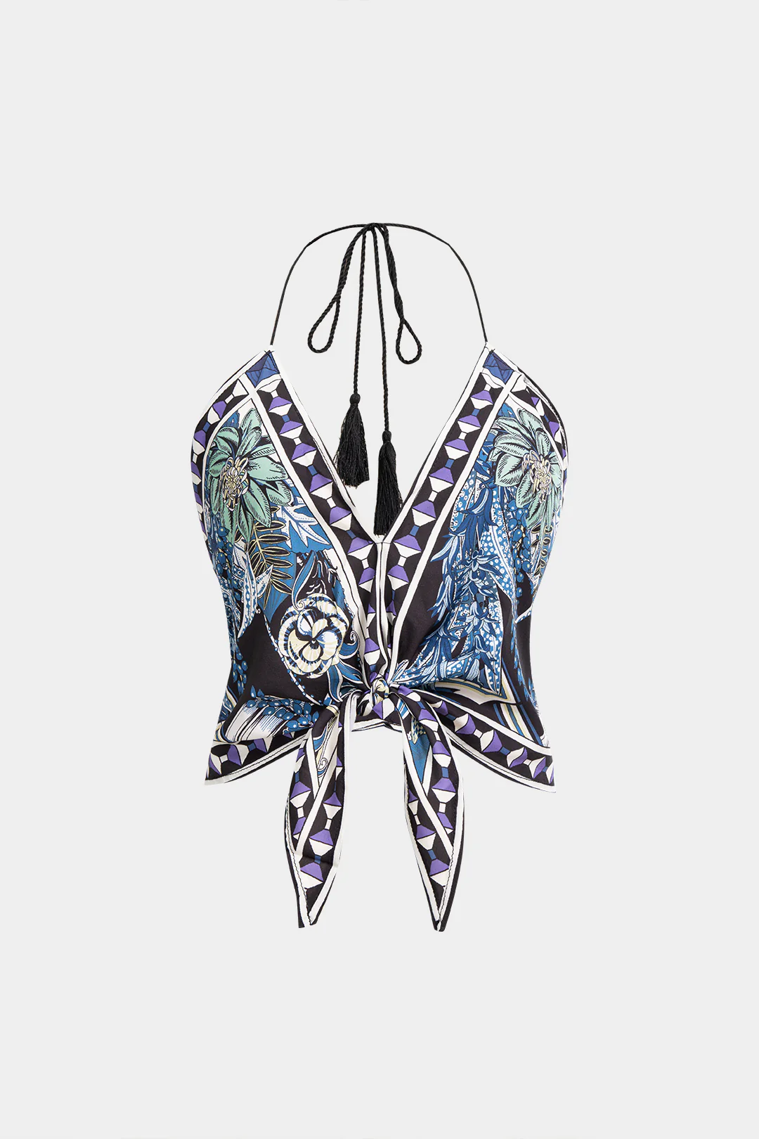 Geometric Leaves Print Halter V-Neck Tie-Up Cami Top