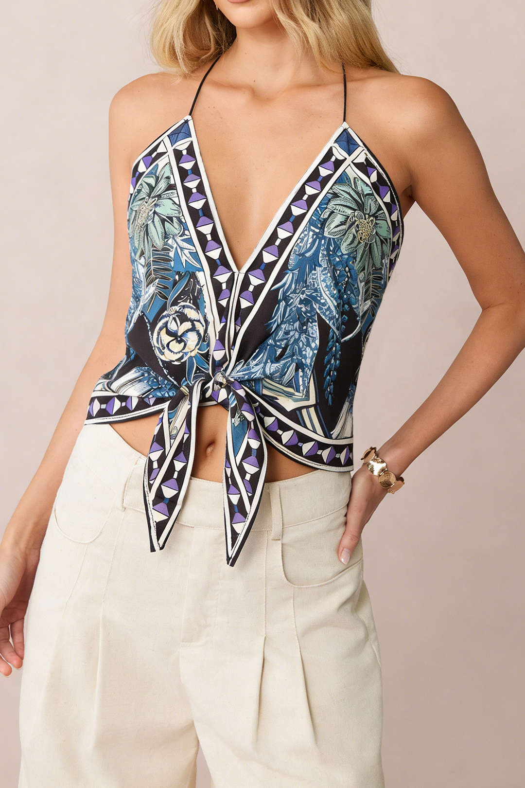 Geometric Leaves Print Halter V-Neck Tie-Up Cami Top - Image 5