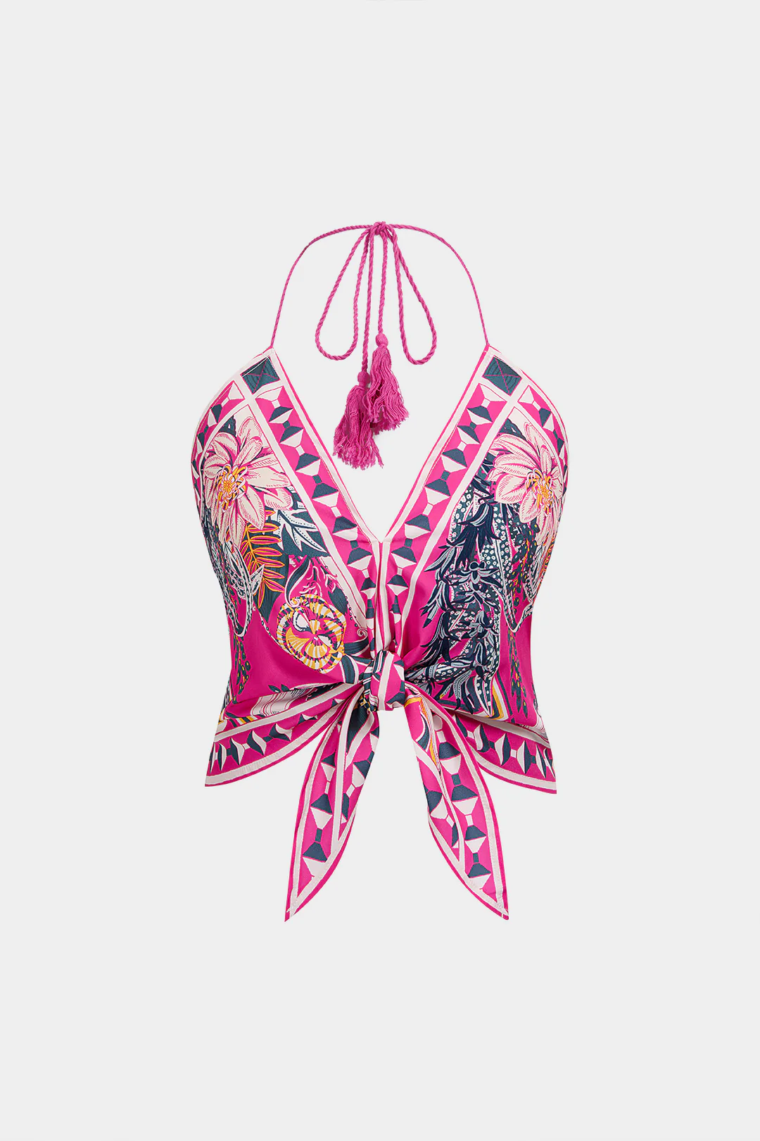 Geometric Leaves Print Halter V-Neck Tie-Up Cami Top - Image 6