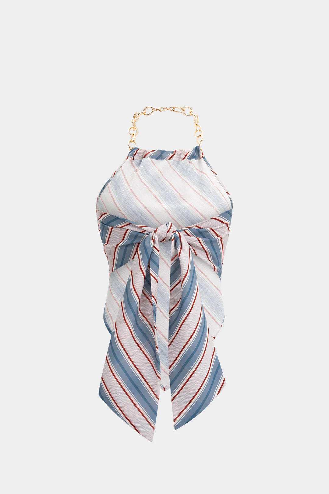 Stripes Print Metallic Chain Halter Neck Backless Ruched Tie-Up Tank Top - Image 2