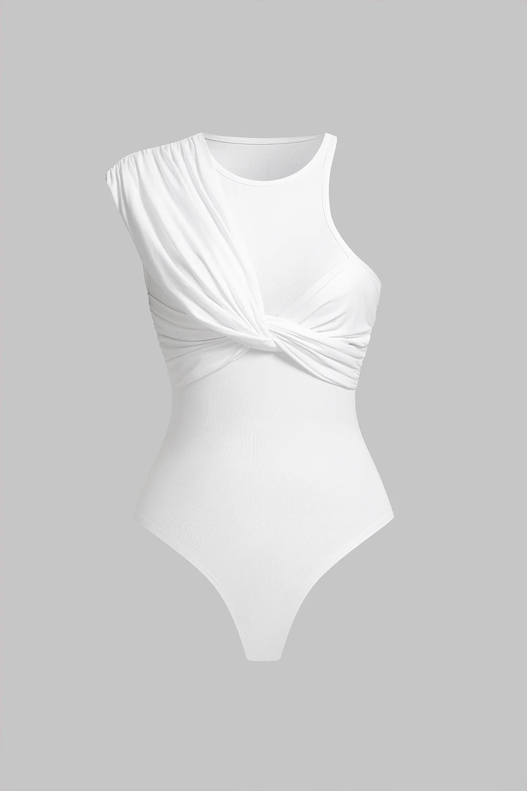 Round Neck Ruched Asymmetrical Sleeveless Bodysuit