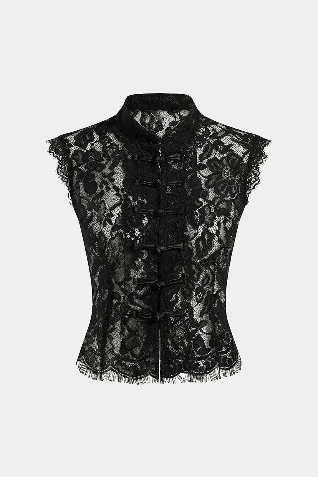 Lace Mock Neck Button Hollow Out Tank Top - Image 5