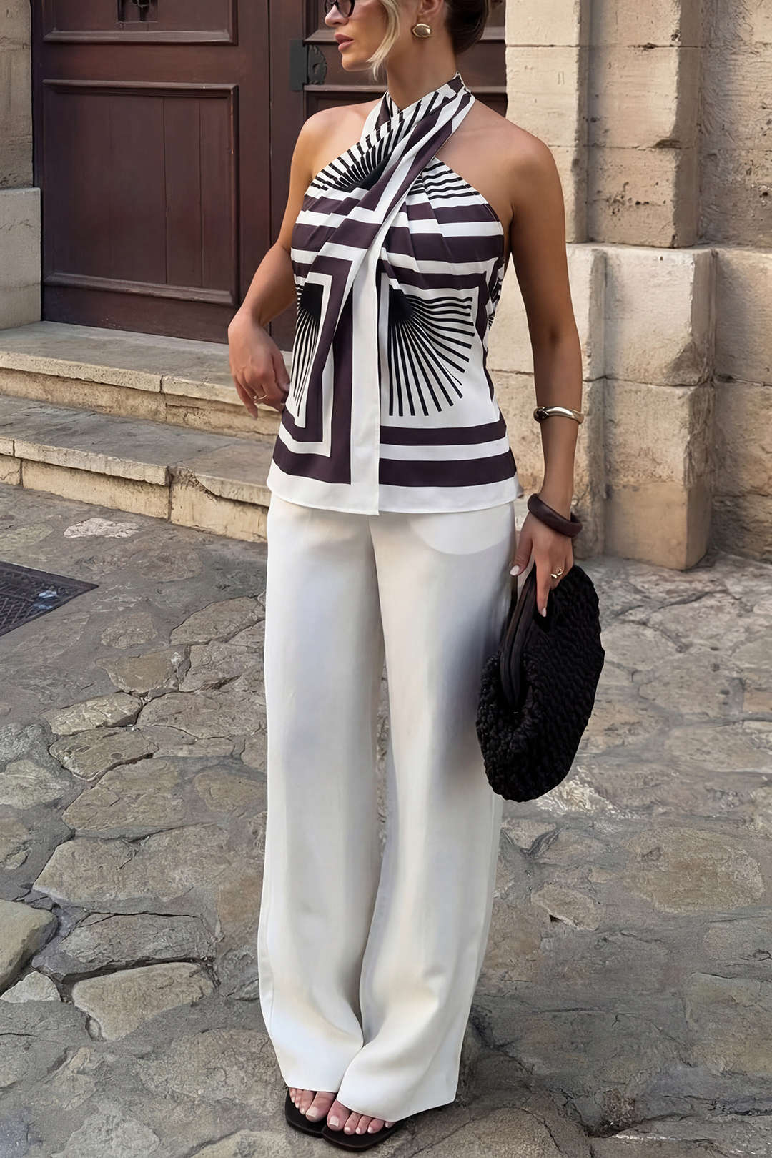 Contrast Geometric Print Crossed Halter Tank Top - Image 2