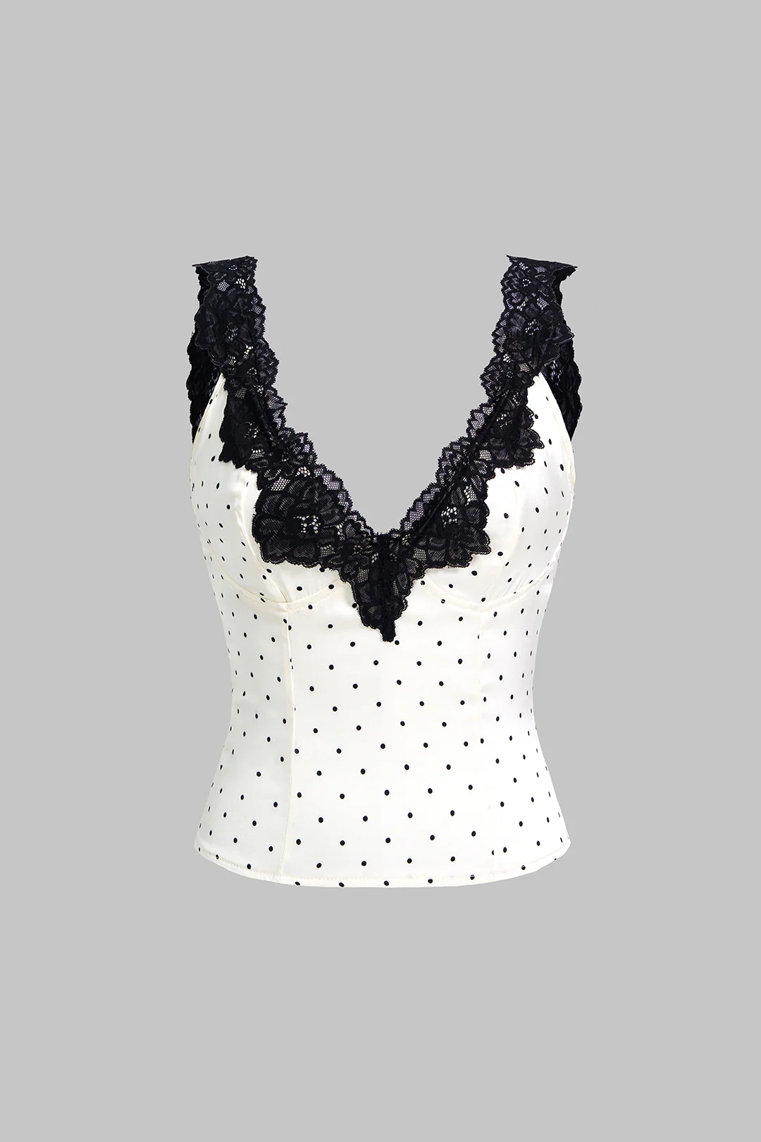 Polka Dots Print Satin Patchwork Lace V-Neck Tank Top