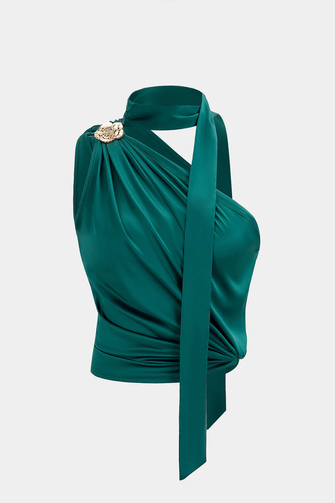 Metallic Satin Asymmetrical Ruched Sleeveless Tank Top