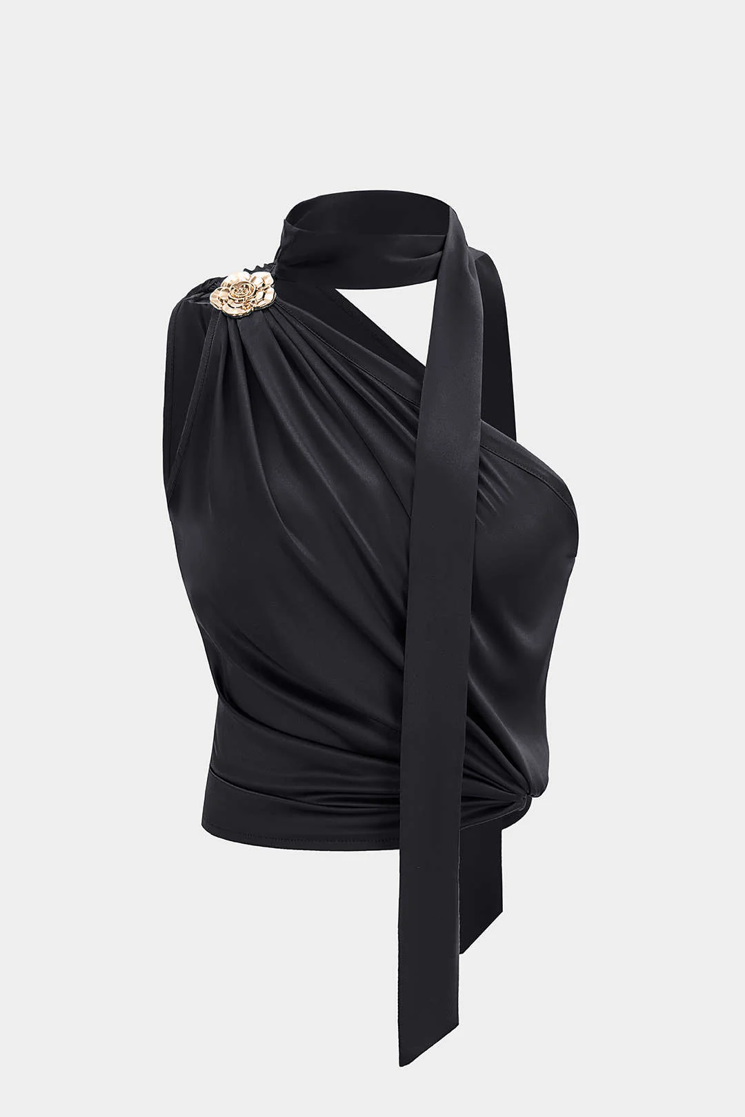Metallic Satin Asymmetrical Ruched Sleeveless Tank Top - Image 6