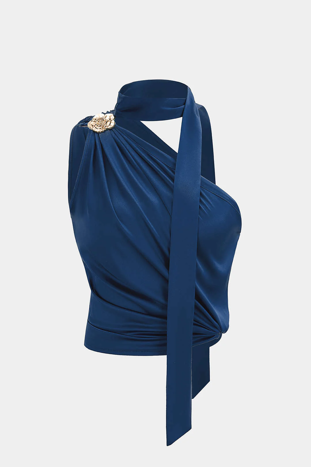 Metallic Satin Asymmetrical Ruched Sleeveless Tank Top - Image 7