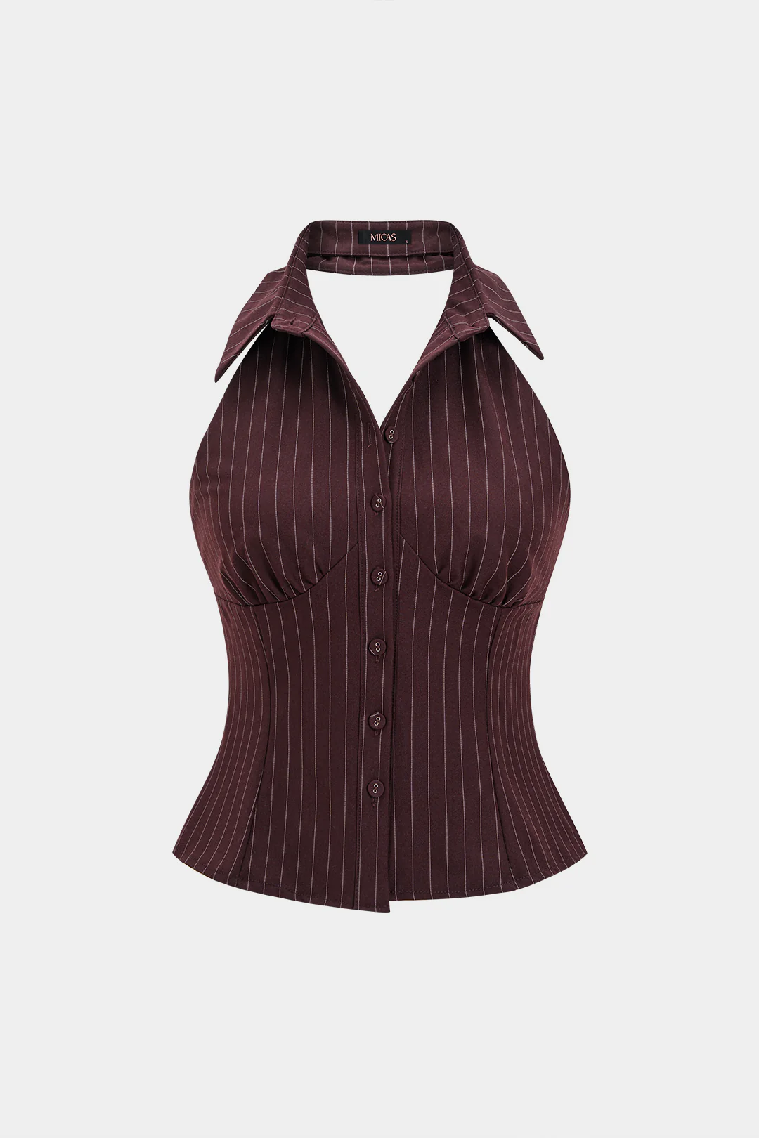Stripes Print Halter Neck Lapel Button Tank Top
