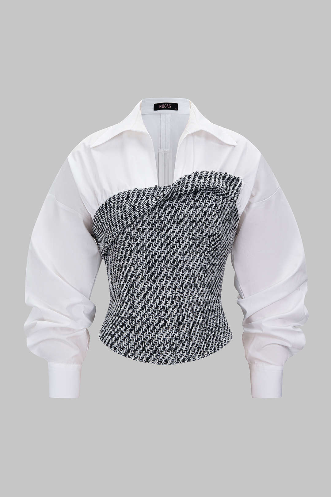 Tweed Patchwork Asymmetrical Gigot Long-Sleeve Shirt