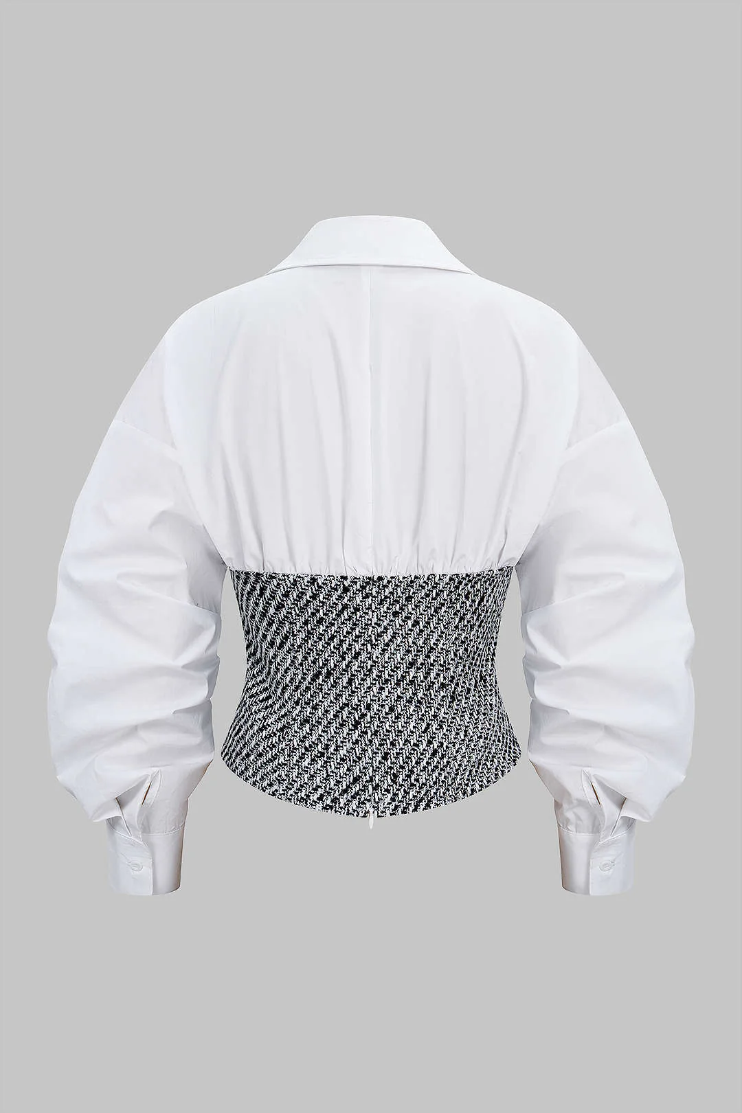 Tweed Patchwork Asymmetrical Gigot Long-Sleeve Shirt - Image 2