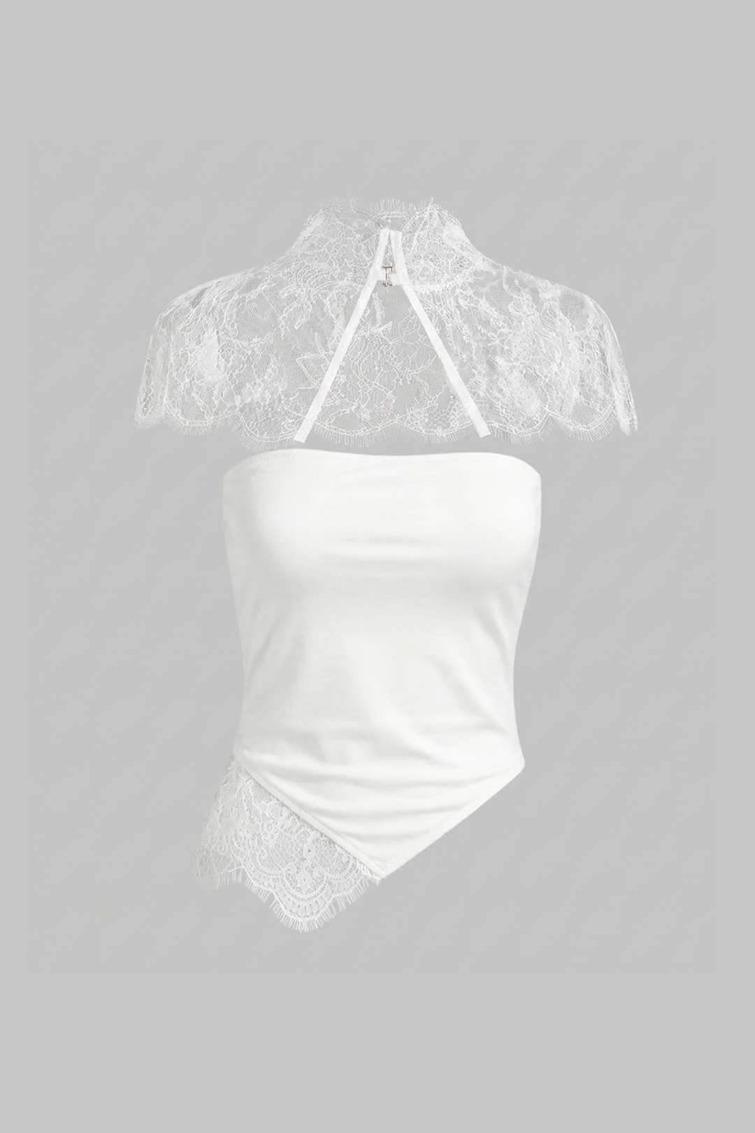 Lace Trim Patchwork Asymmetrical Tube Top With Sheer Shawl - Image 7