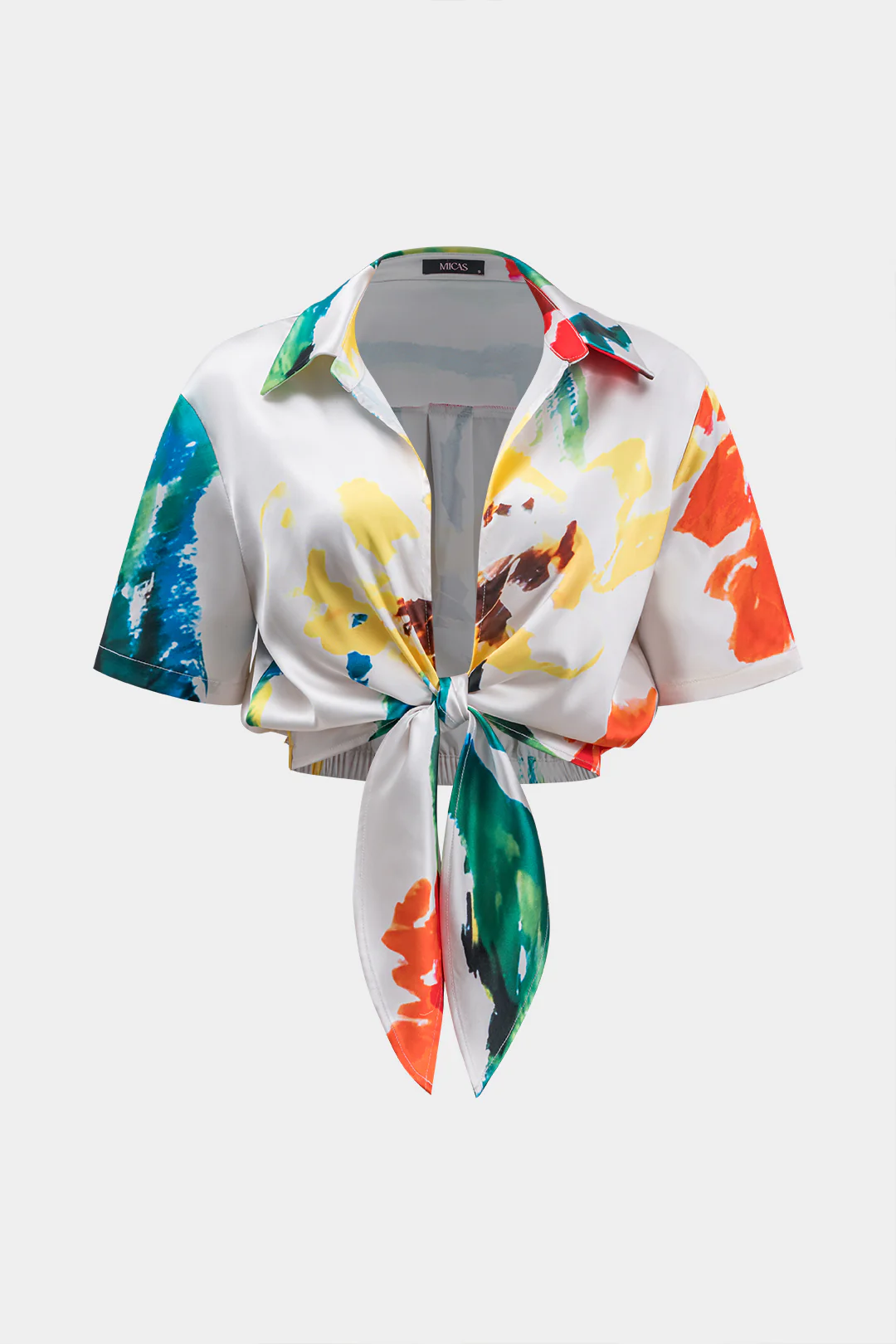 Satin Ruched Tie Front Short-Sleeve Shirt - Image 2