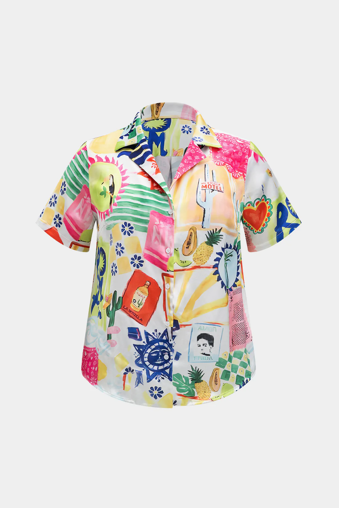 Plus Size Satin Pop Art Pattern V-Neck Short-Sleeve Shirt - Image 2