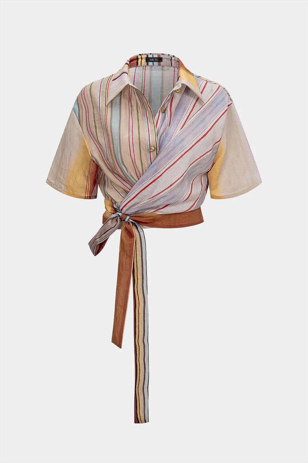 Stripes Print Button Tie-Up Asymmetrical Short-Sleeve Shirt