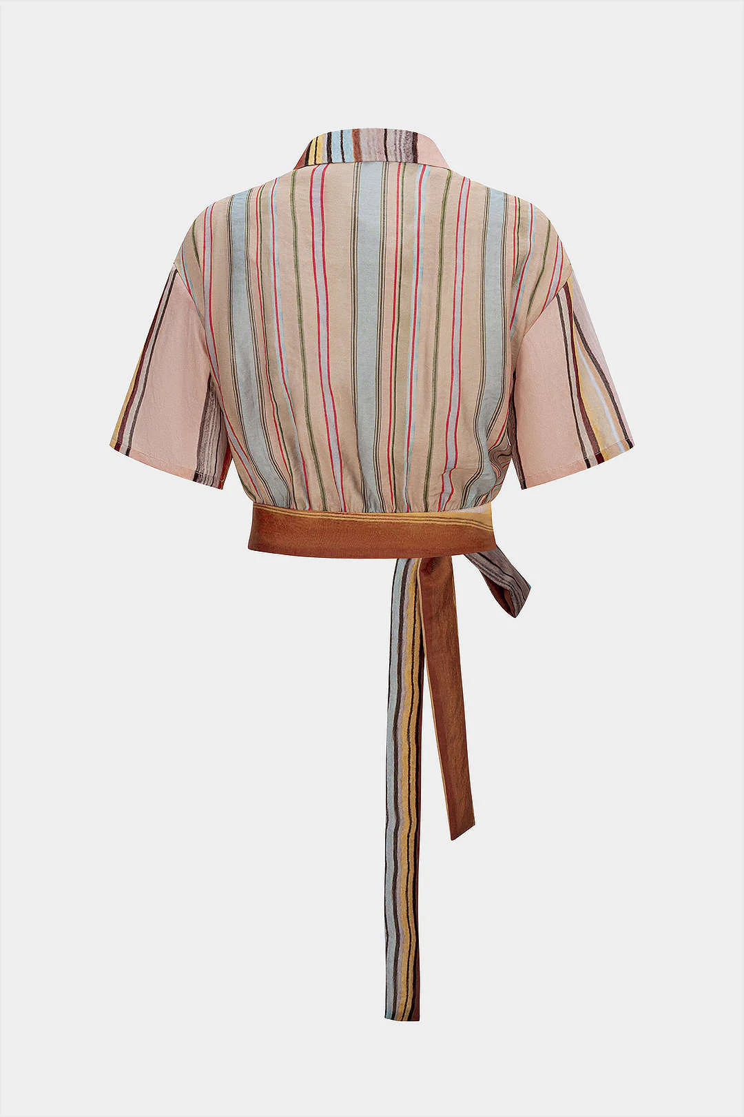Stripes Print Button Tie-Up Asymmetrical Short-Sleeve Shirt - Image 2