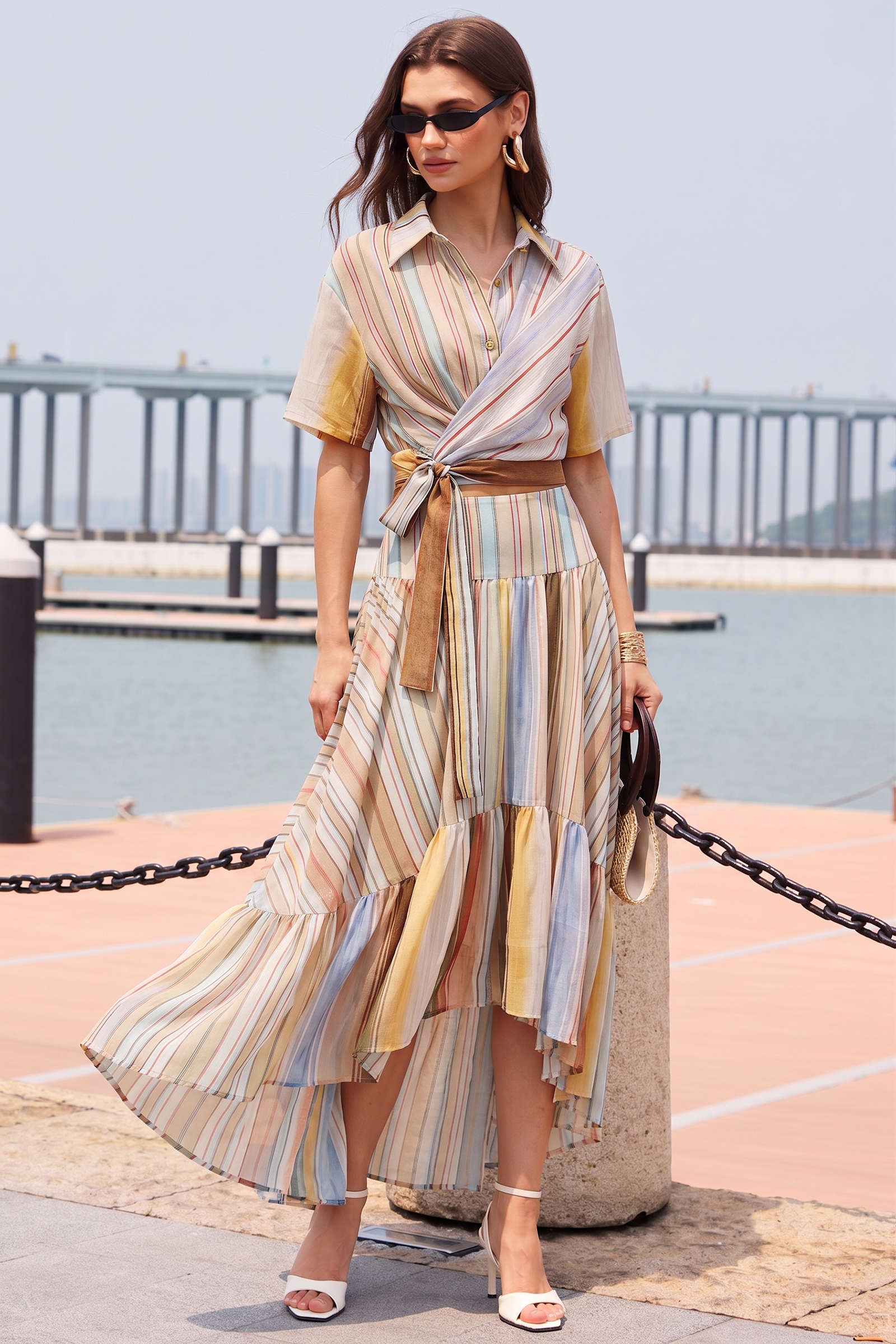 Stripes Print Button Tie-Up Asymmetrical Short-Sleeve Shirt - Image 6