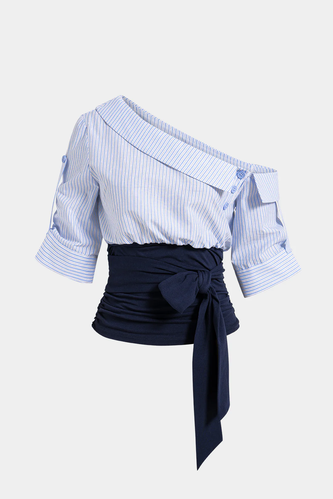 Patchwork Tie-Up One Shoulder Short-Sleeve Shirt