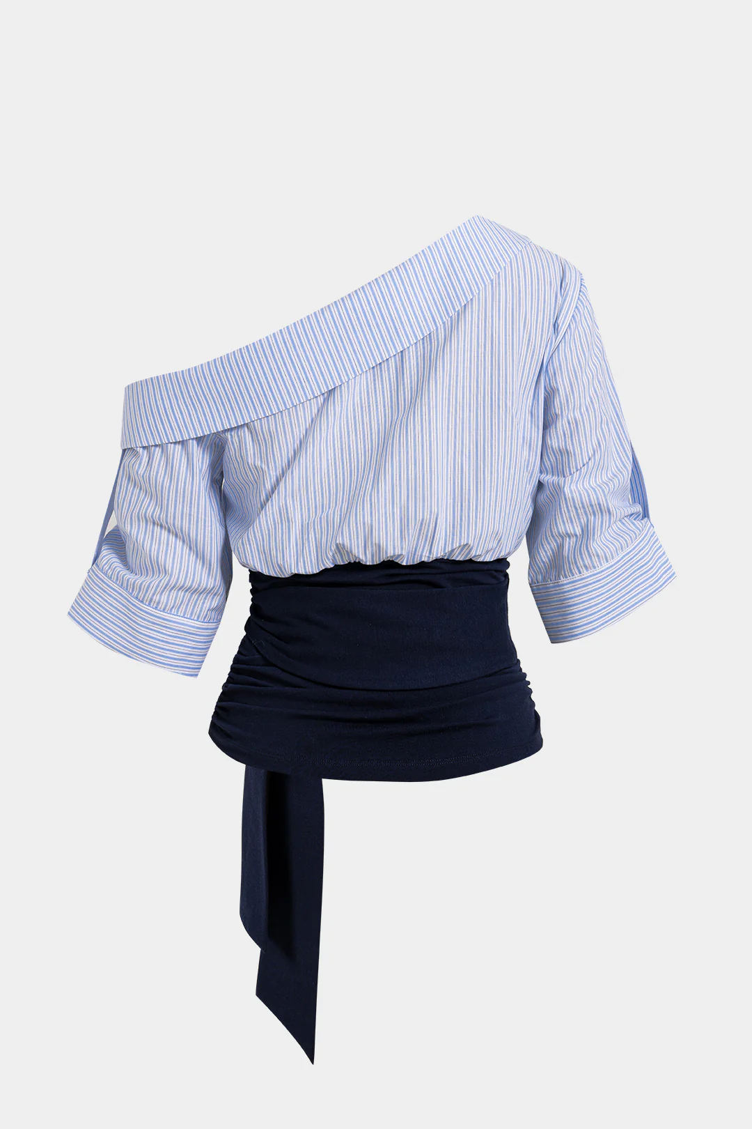 Patchwork Tie-Up One Shoulder Short-Sleeve Shirt - Image 2