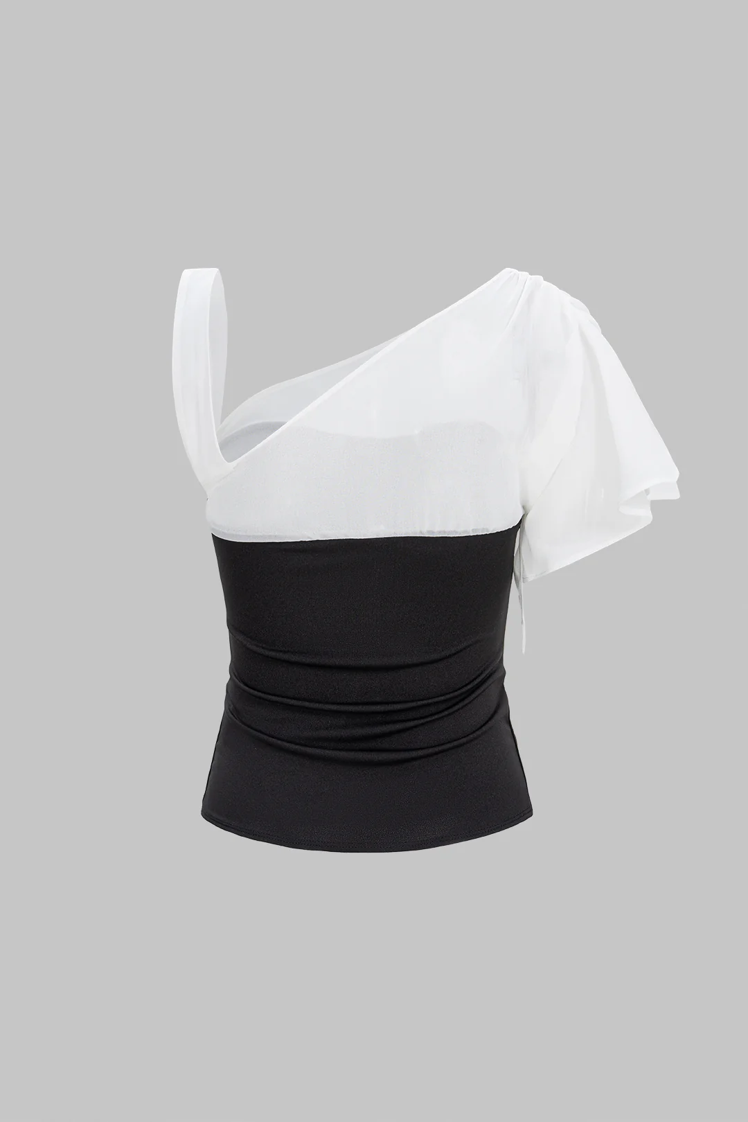 Patchwork Faux Leather Asymmetrical Short-Sleeve Shirt - Image 2
