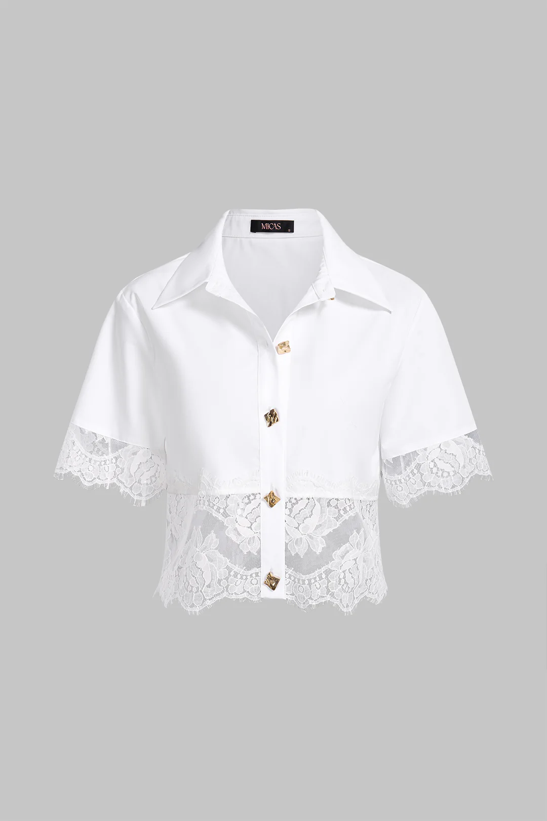 Lace Trim Patchwork Metallic Button Short-Sleeve Shirt
