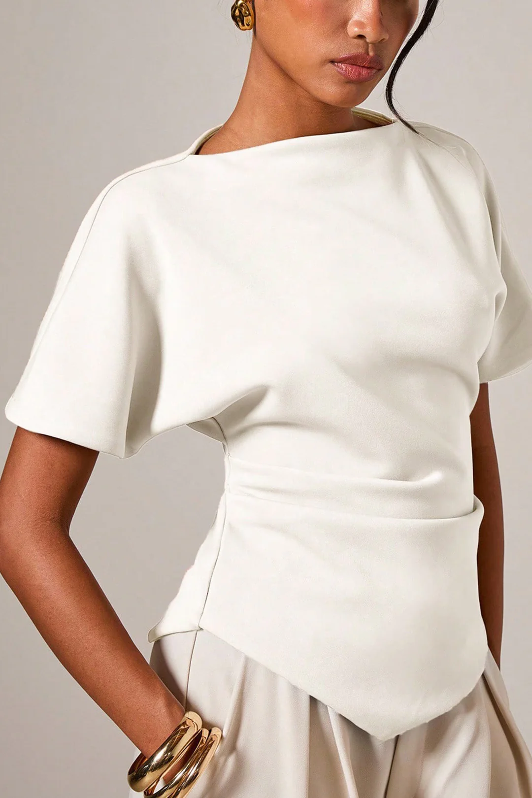 Solid Asymmetrical Ruched Short-Sleeve Shirt - Image 2