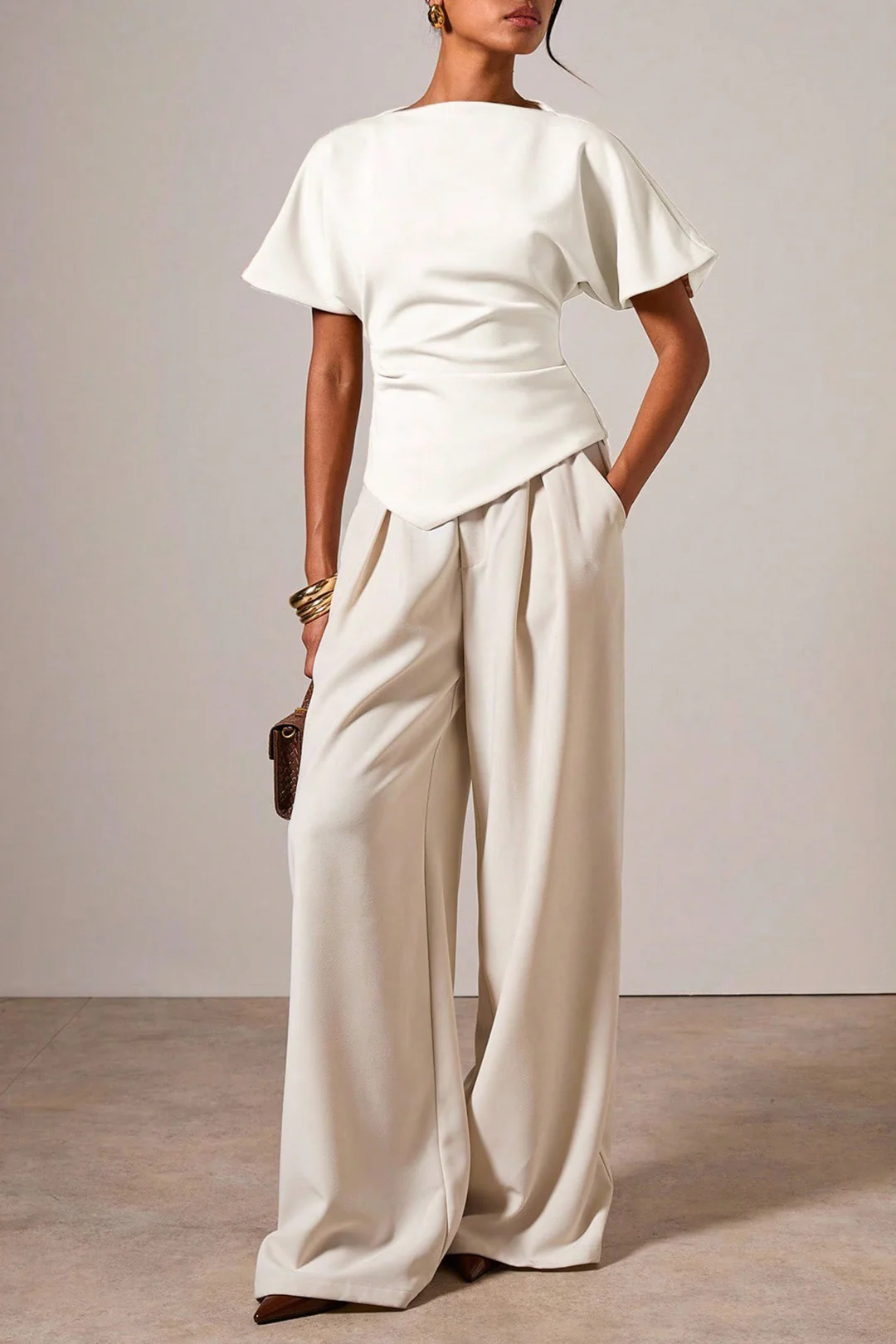 Solid Asymmetrical Ruched Short-Sleeve Shirt - Image 3