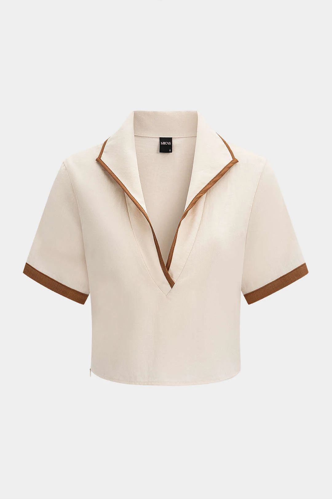 Contrast Binding Lapel V-Neck Short-Sleeve Shirt - Image 2