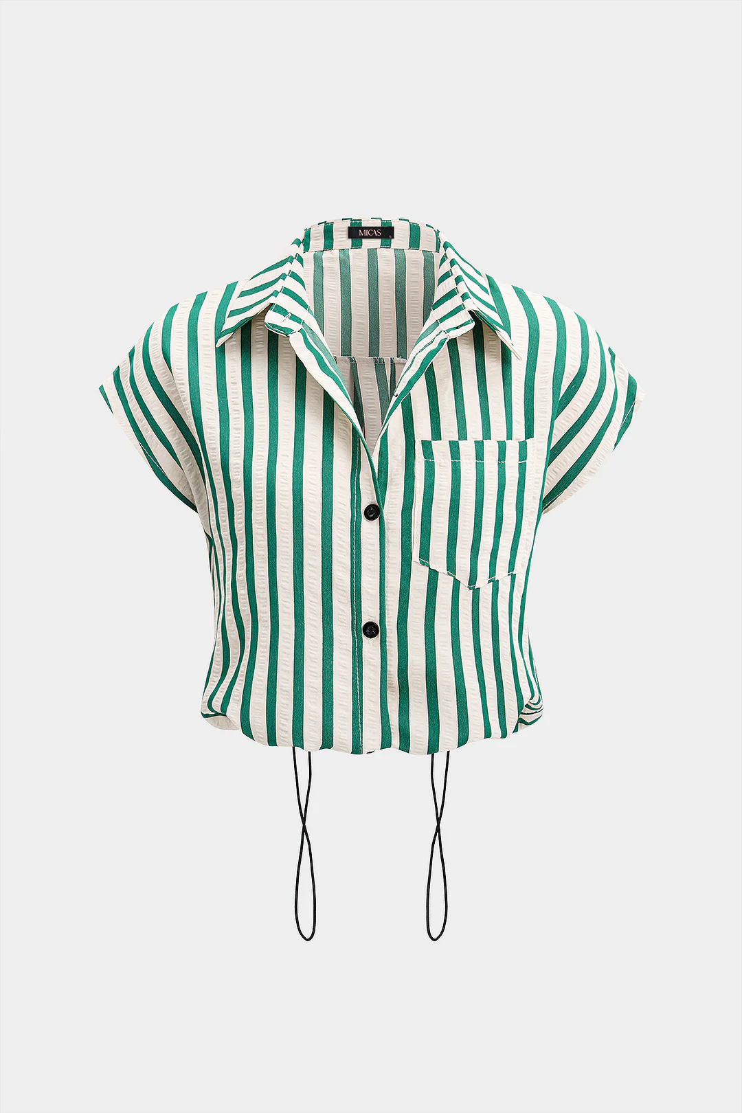 Stripes Print Lapel Button Drawstring Short-Sleeve Shirt
