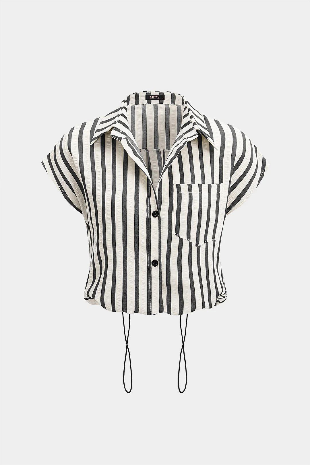 Stripes Print Lapel Button Drawstring Short-Sleeve Shirt - Image 5
