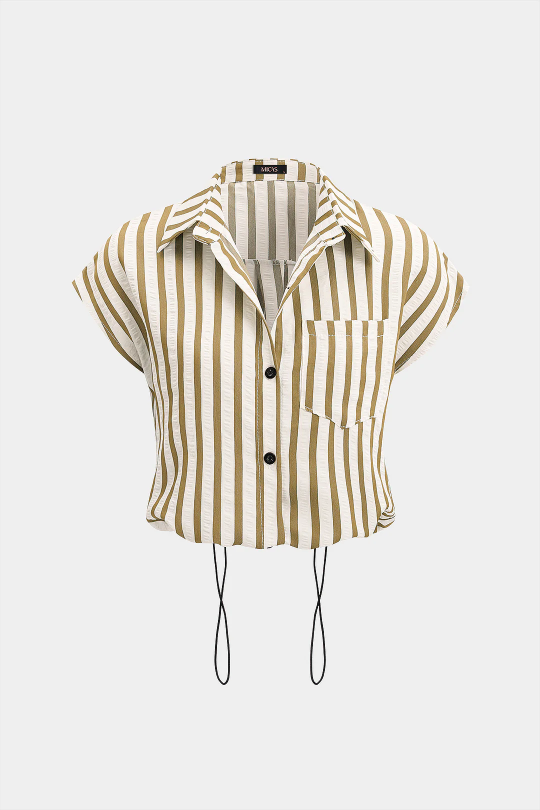 Stripes Print Lapel Button Drawstring Short-Sleeve Shirt - Image 6
