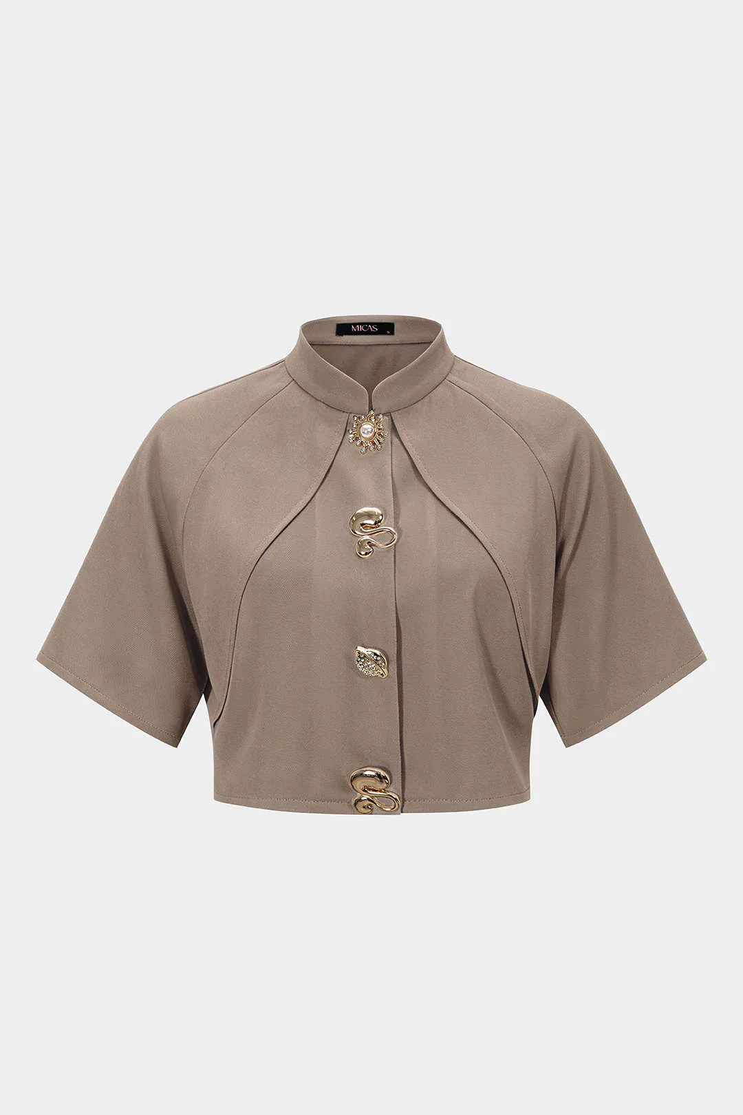 Plus Size Mock Neck Irregular Metallic Short-Sleeve Shirt - Image 6