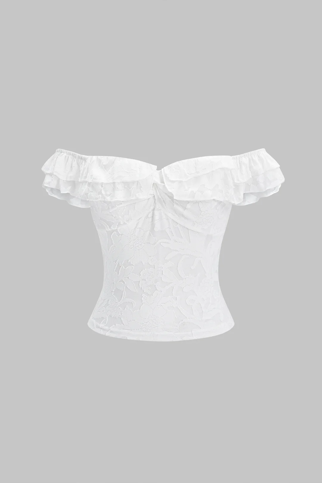 Lace Patchwork Off Shoulder Ruffle Twist Knot T-Shirt