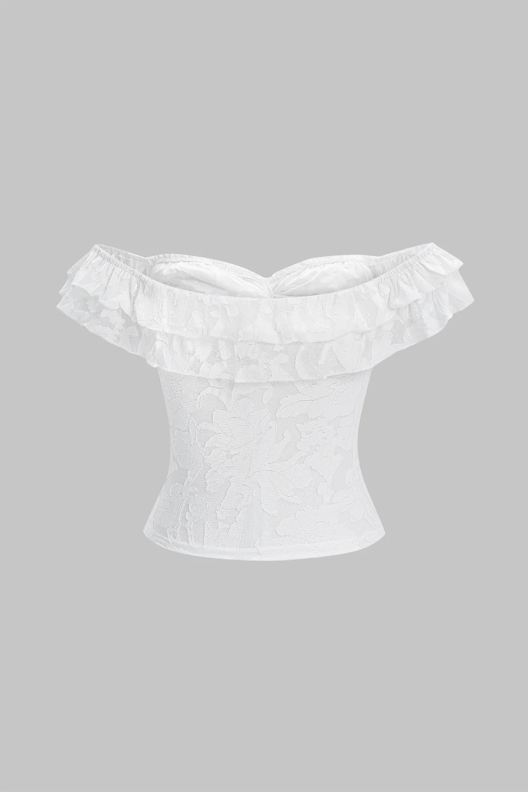 Lace Patchwork Off Shoulder Ruffle Twist Knot T-Shirt - Image 2