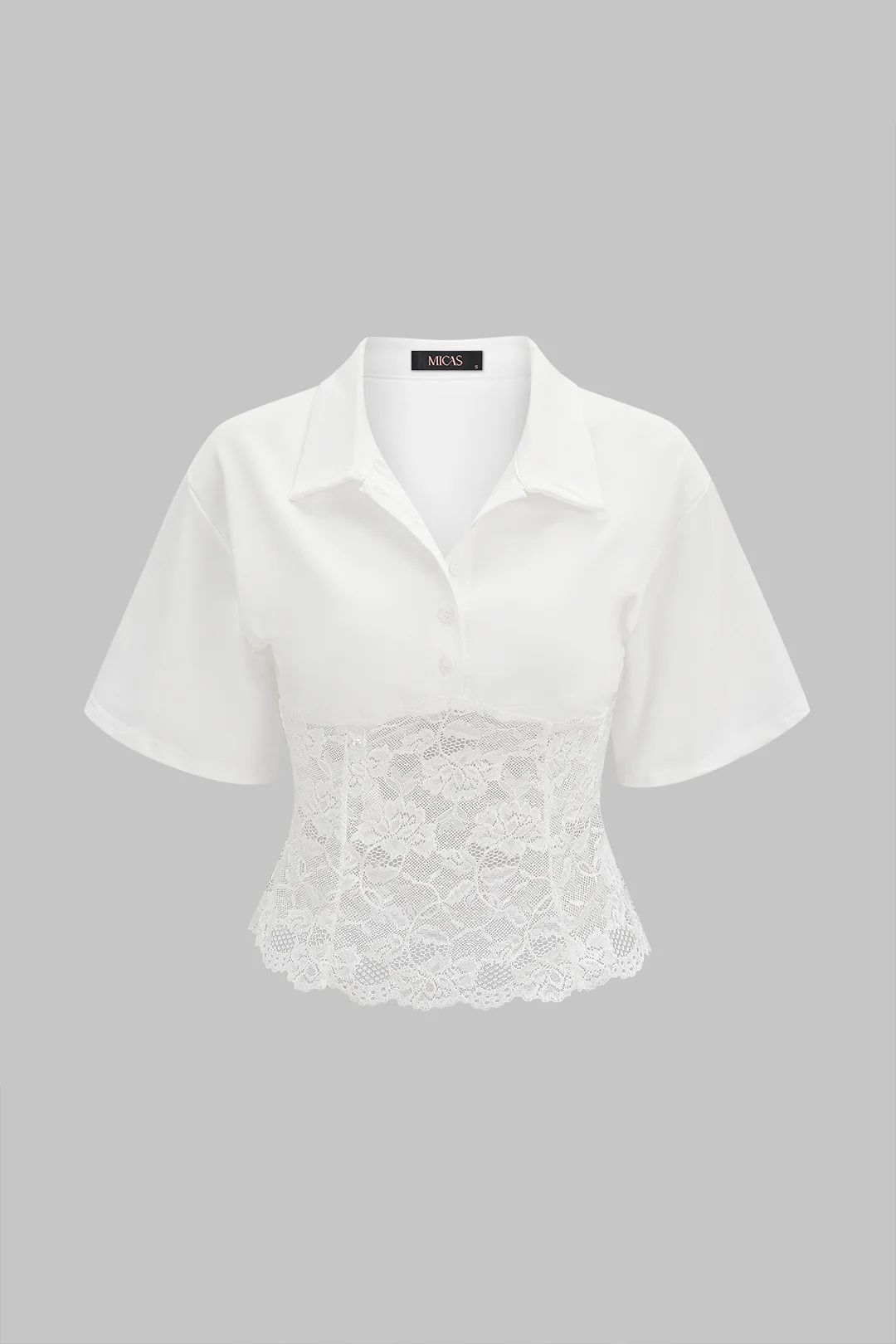Lace Patchwork Lapel  Button Short Sleeve T-Shirt