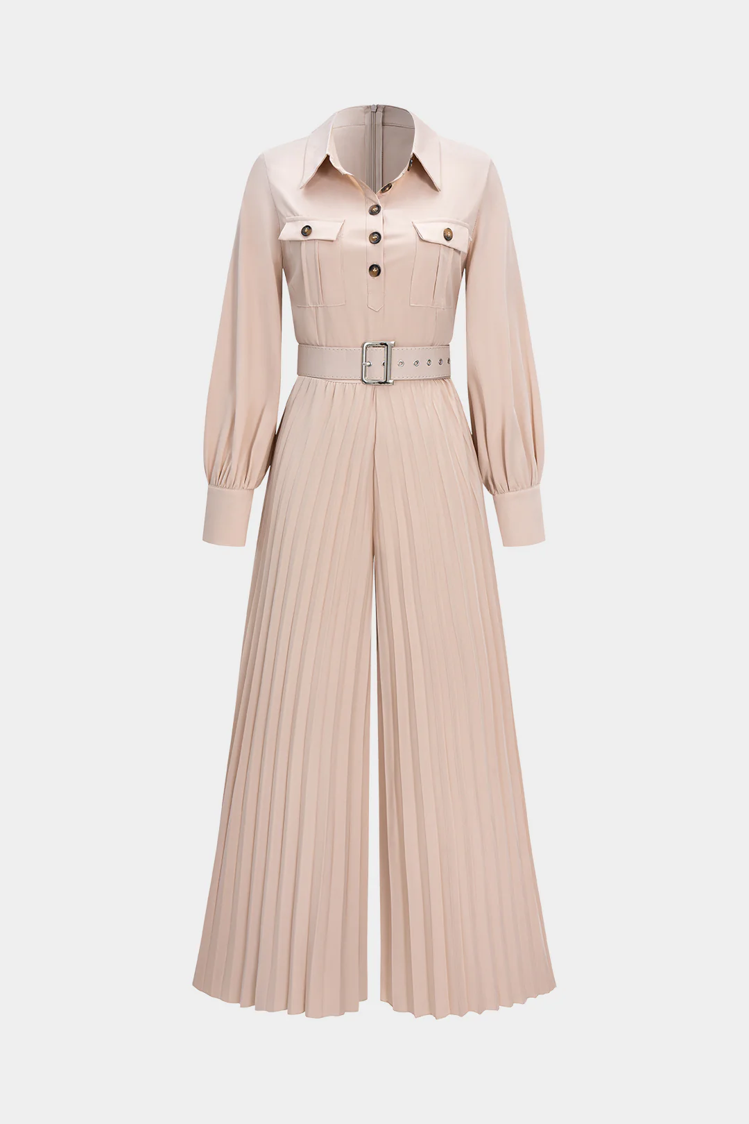 Pleated Belted Wide Leg Long Sleeve Jumpsuit