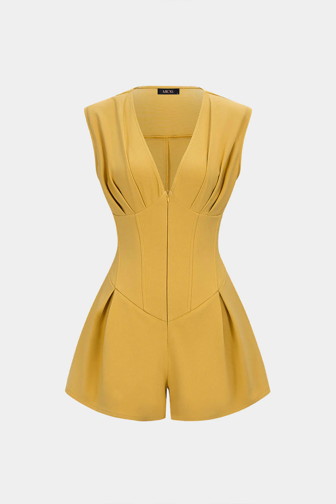 V-Neck Ruched Tie Back Zipper Sleeveless Romper
