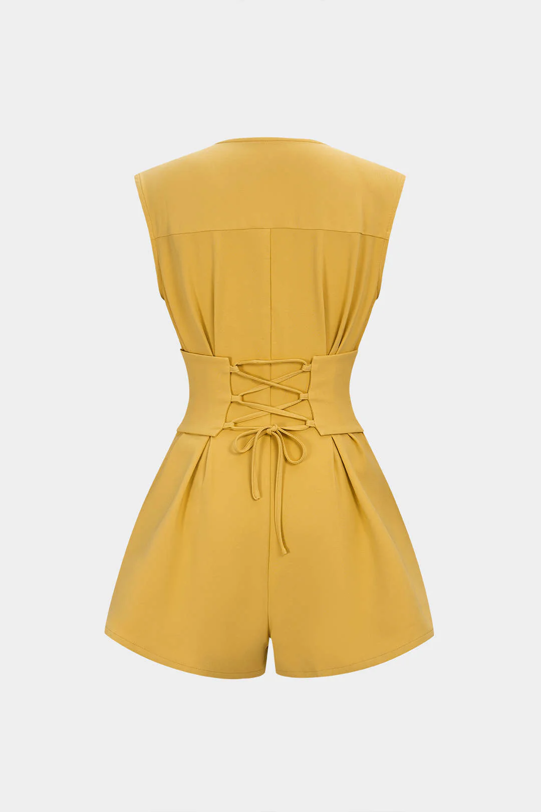 V-Neck Ruched Tie Back Zipper Sleeveless Romper - Image 2