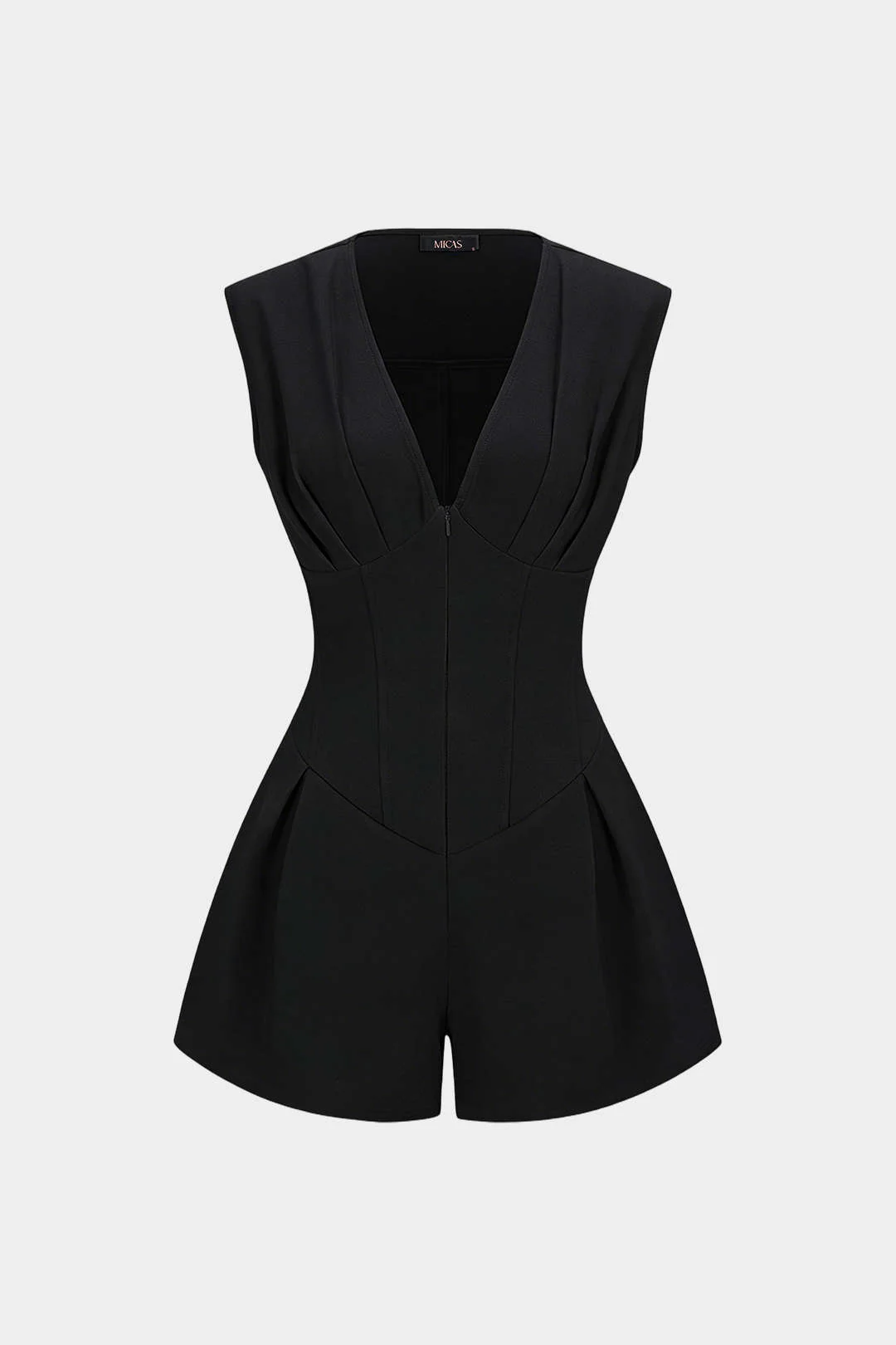 V-Neck Ruched Tie Back Zipper Sleeveless Romper - Image 5