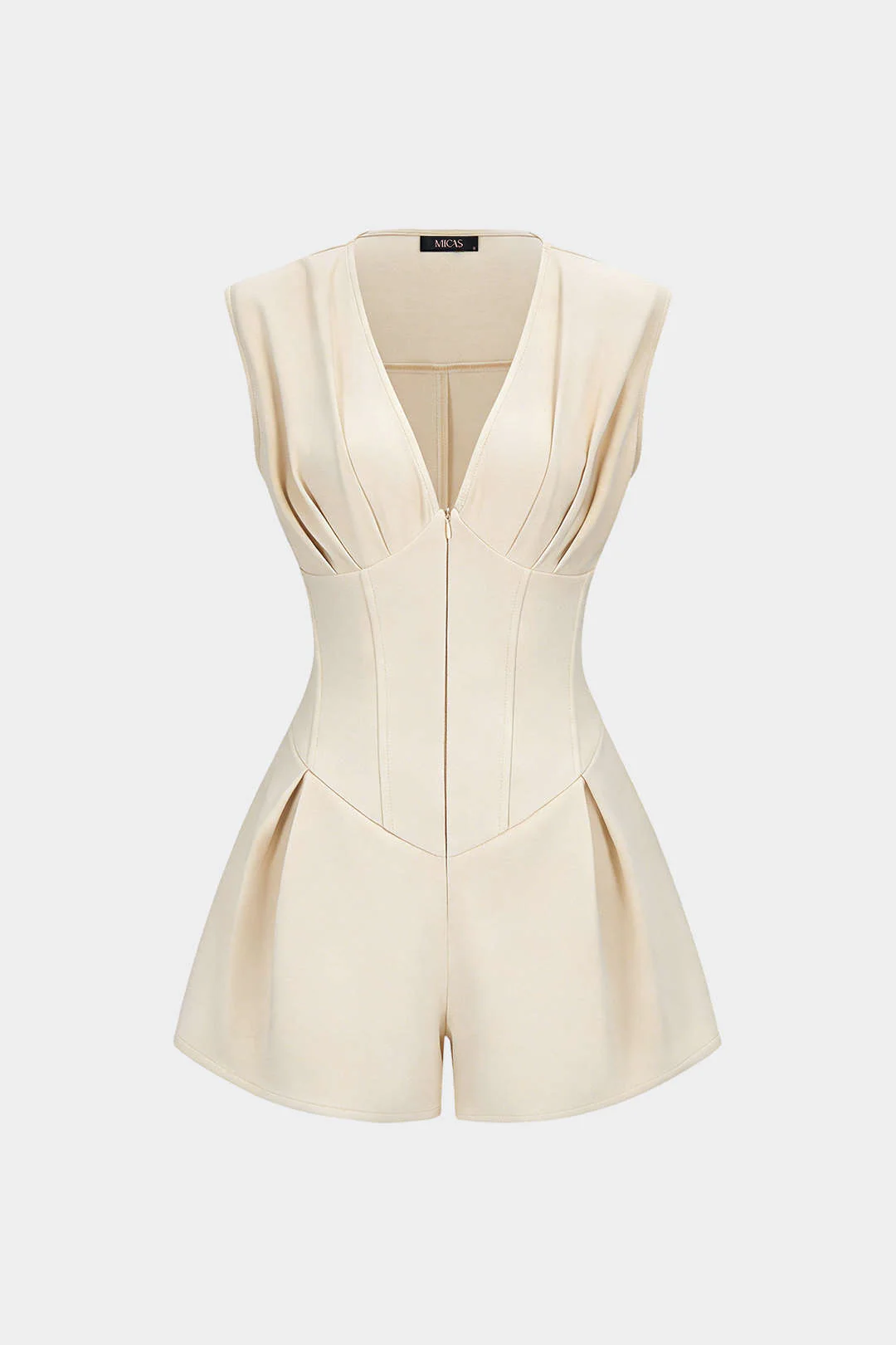 V-Neck Ruched Tie Back Zipper Sleeveless Romper - Image 6