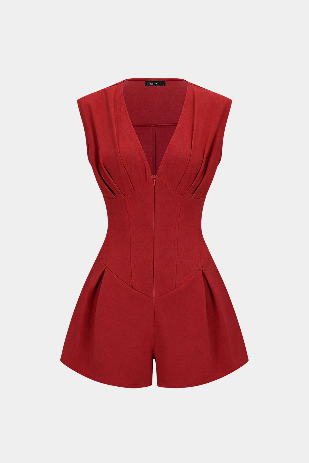 V-Neck Ruched Tie Back Zipper Sleeveless Romper - Image 7