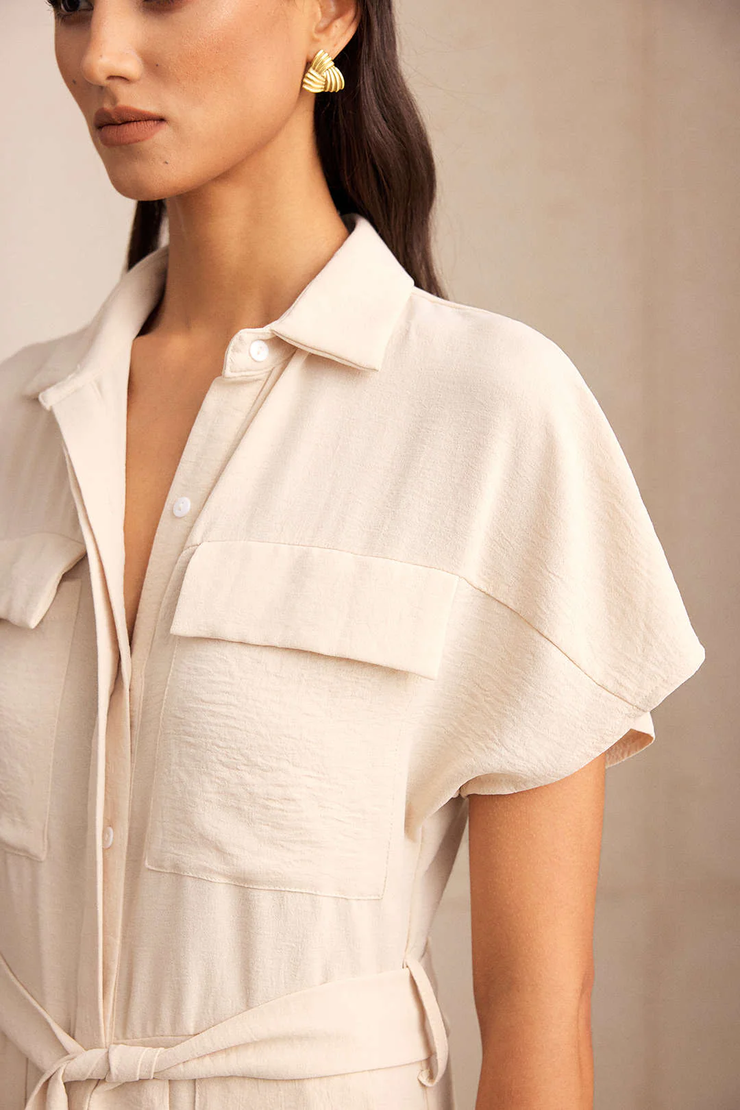 Lapel Tie-Up Pocket Short Sleeve Jumpsuit - Image 4
