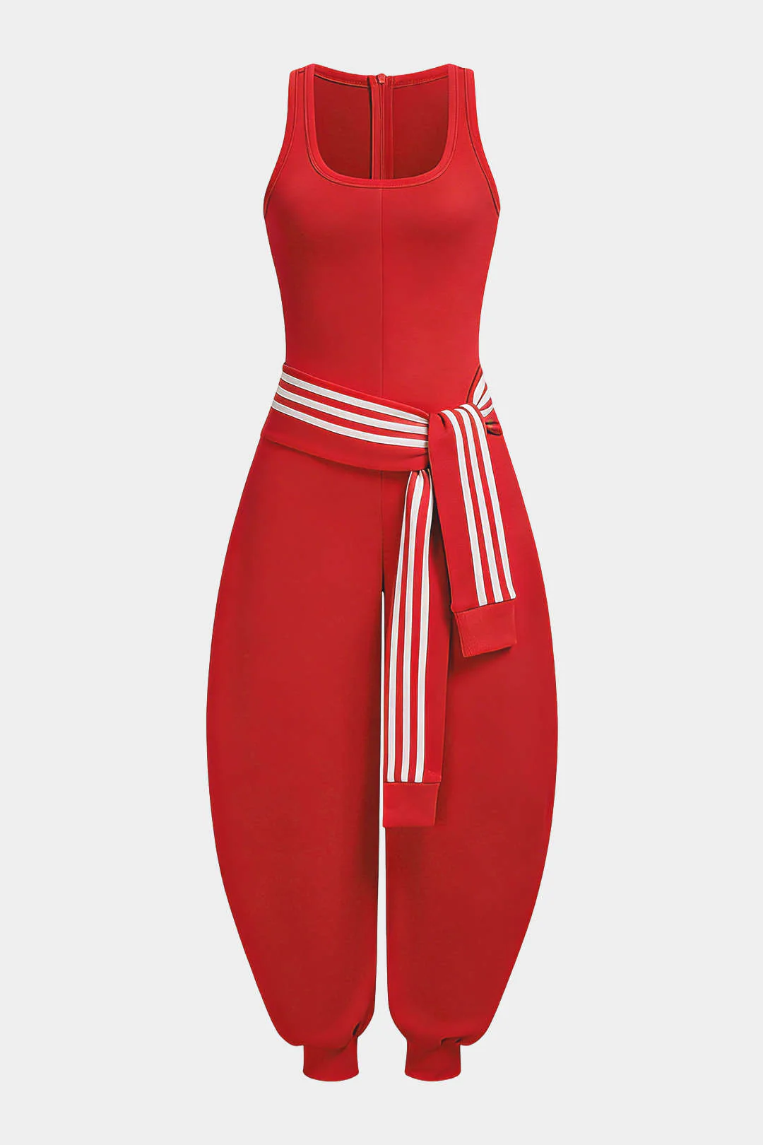 U-Neck Contrast Striped Tie-Up Zipper Barrel Jumpsuit