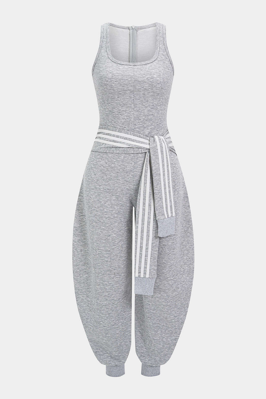 U-Neck Contrast Striped Tie-Up Zipper Barrel Jumpsuit - Image 10