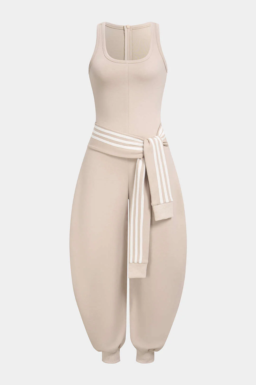 U-Neck Contrast Striped Tie-Up Zipper Barrel Jumpsuit - Image 2