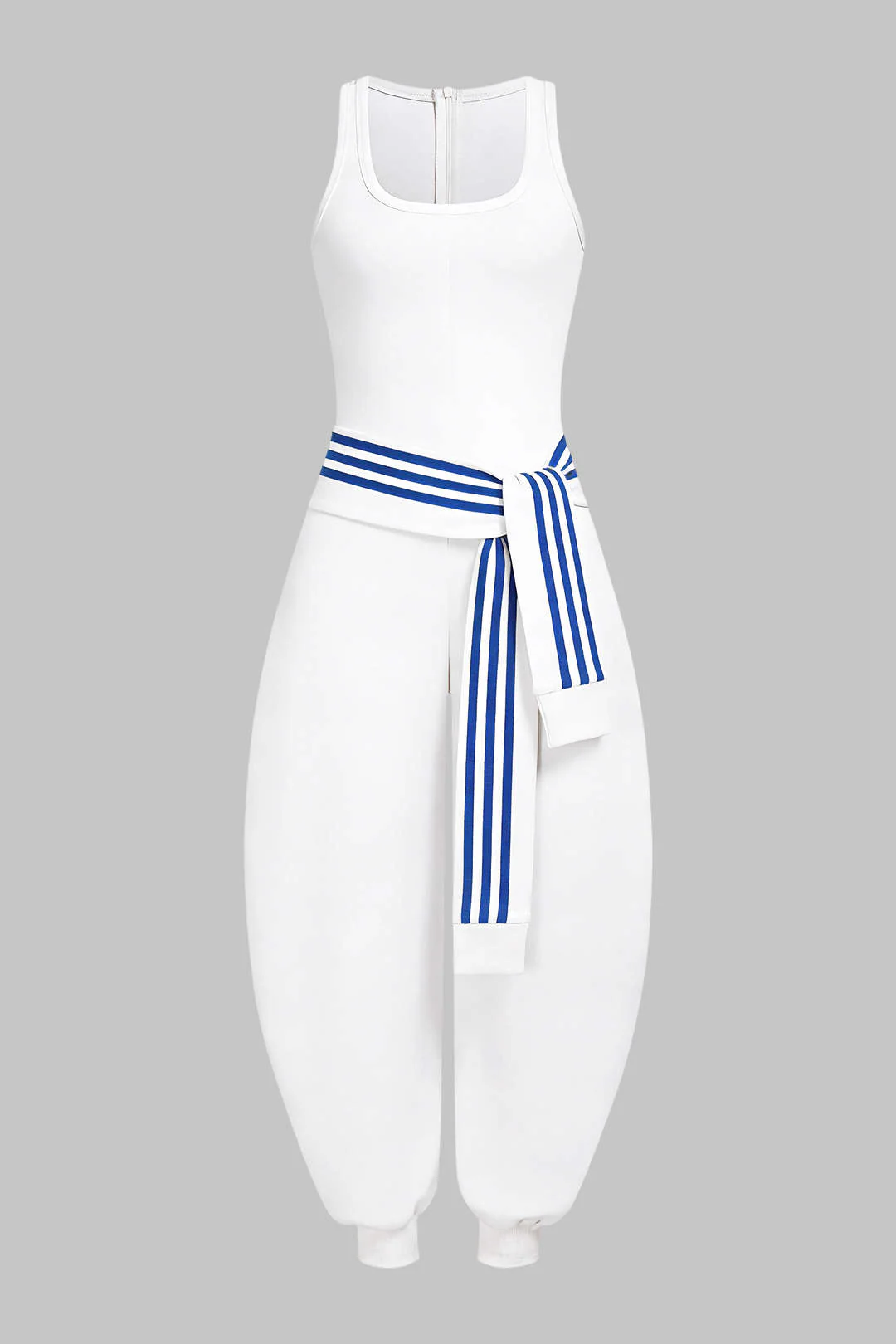 U-Neck Contrast Striped Tie-Up Zipper Barrel Jumpsuit - Image 6