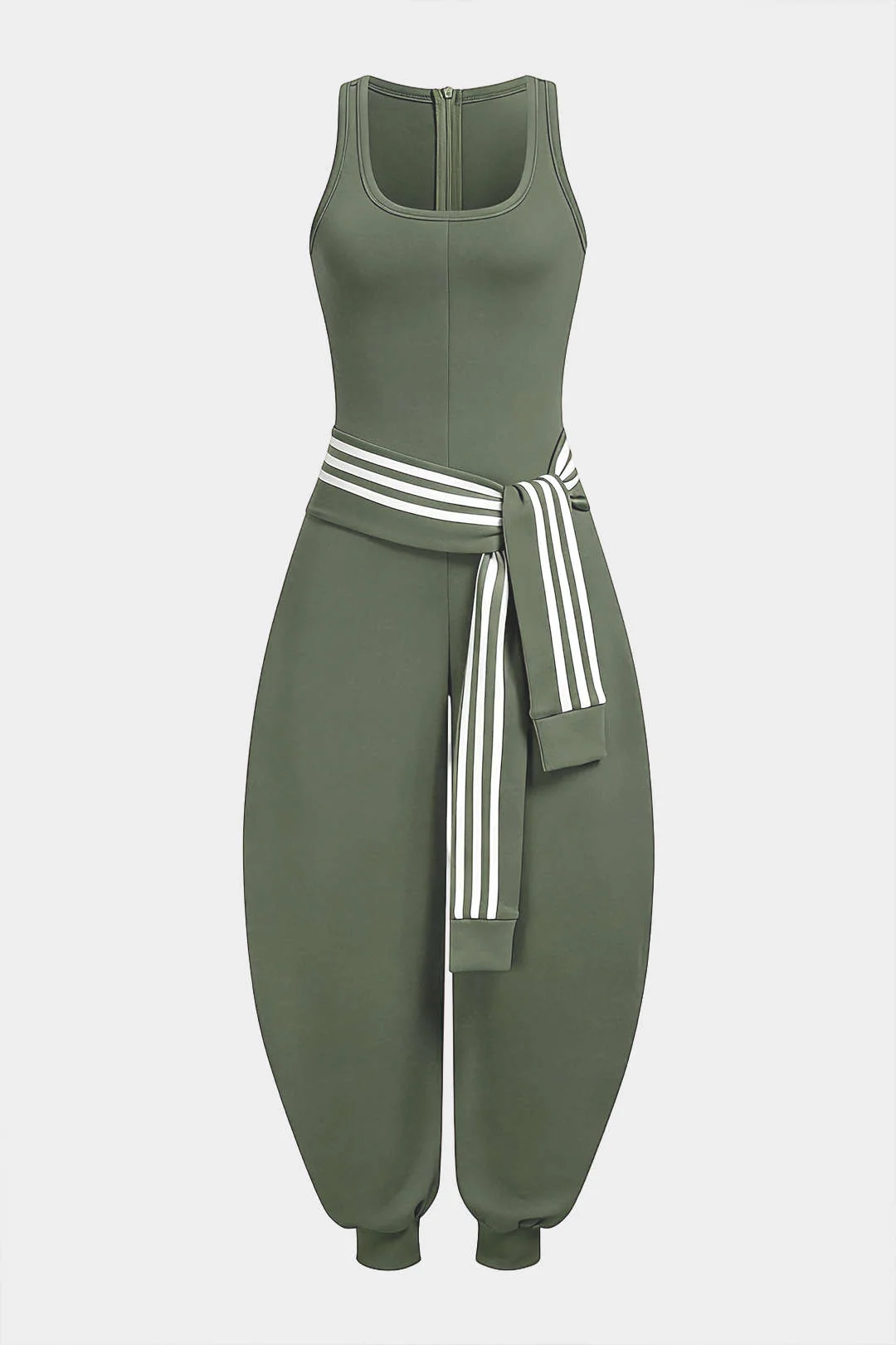 U-Neck Contrast Striped Tie-Up Zipper Barrel Jumpsuit - Image 8