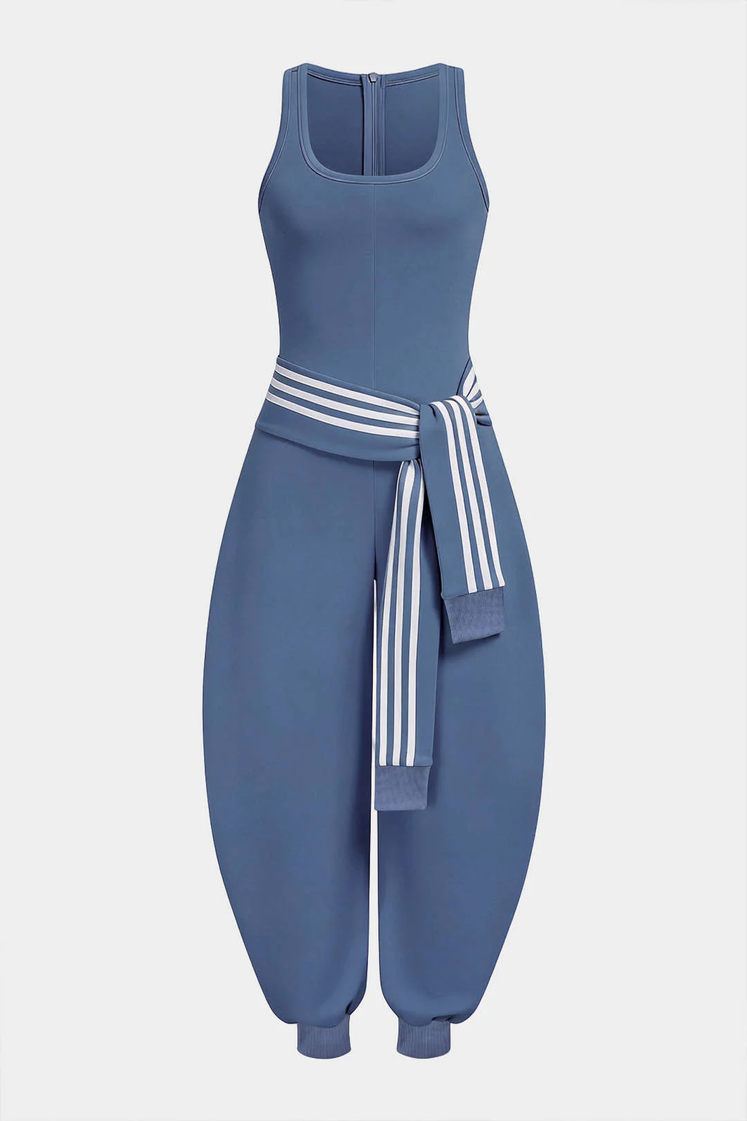 U-Neck Contrast Striped Tie-Up Zipper Barrel Jumpsuit - Image 9